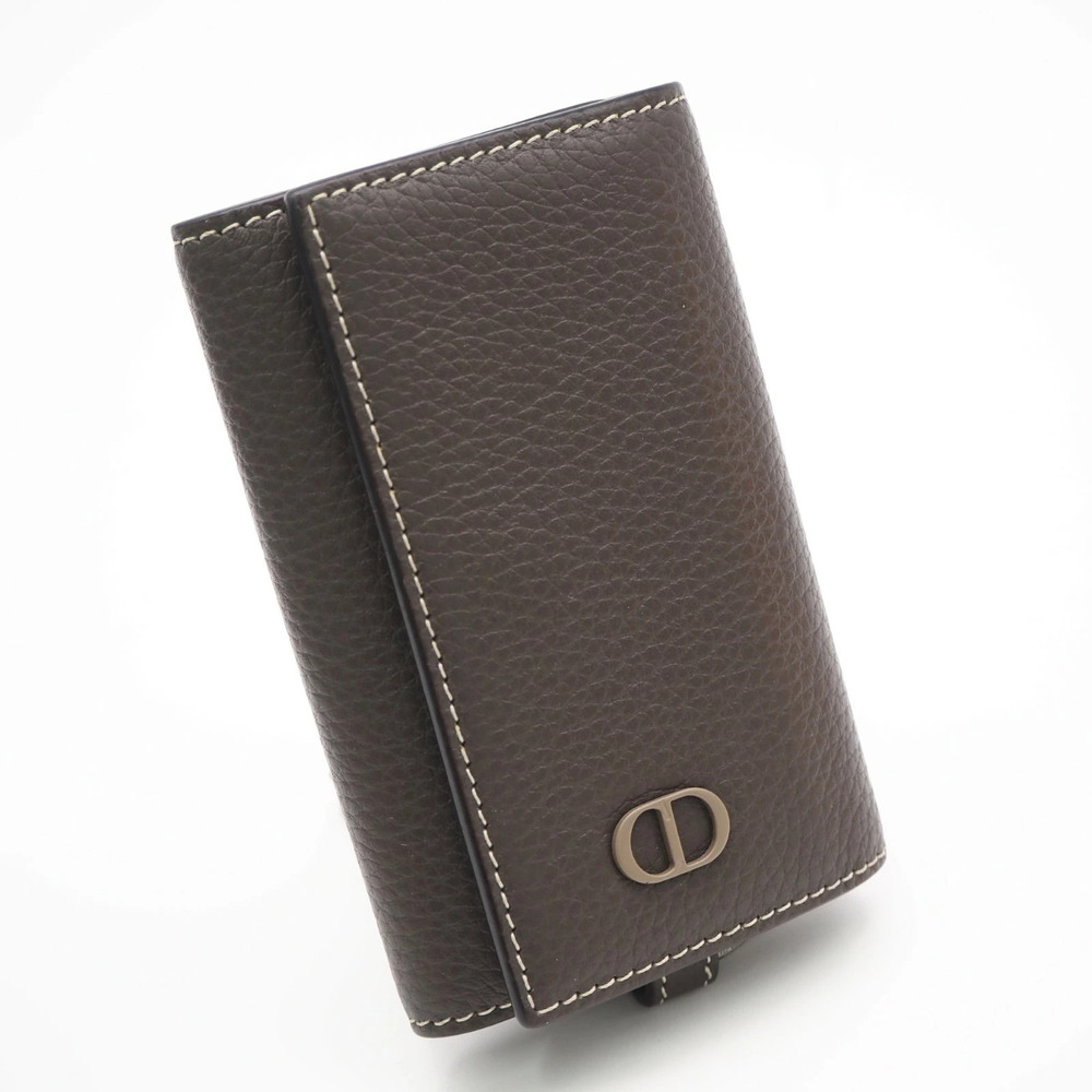 Christian Dior CD Icon Grained Calfskin Key Case Calf Leather Brown